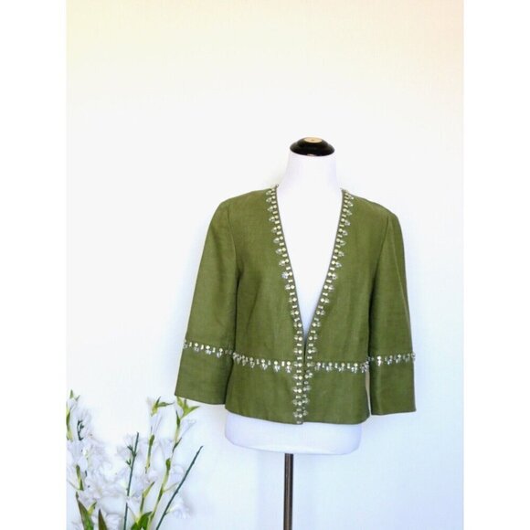 NEW! TORY BURCH Avery Hills Embellished Jacket Linen Blend Green SZ 4 - Picture 11 of 16